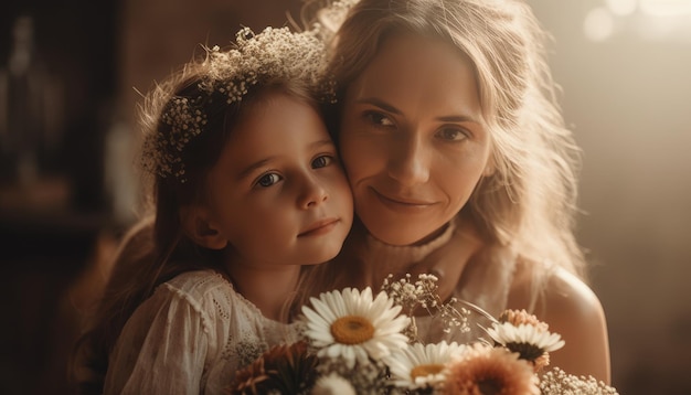 Little girl holding flowers hugging her mother and celebrating mother's day Generative AI