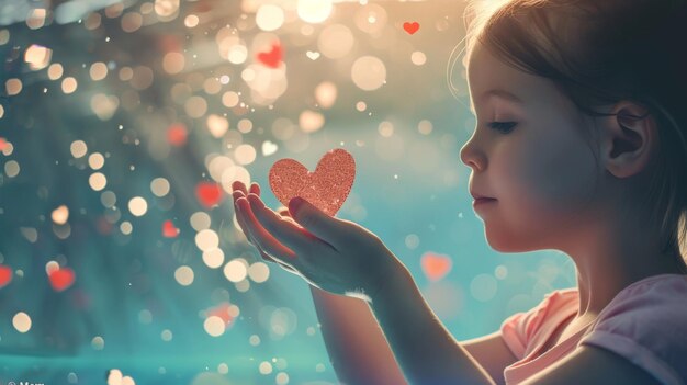 Photo little girl holding heart in hands