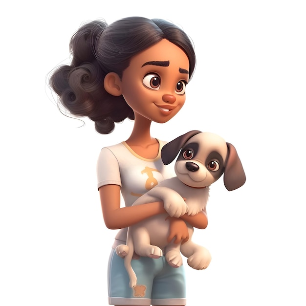 Little girl holding her dog 3d rendering white background no shadow