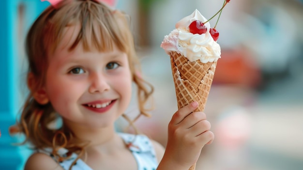 a little girl holding an ice cream cone with a straw hat on