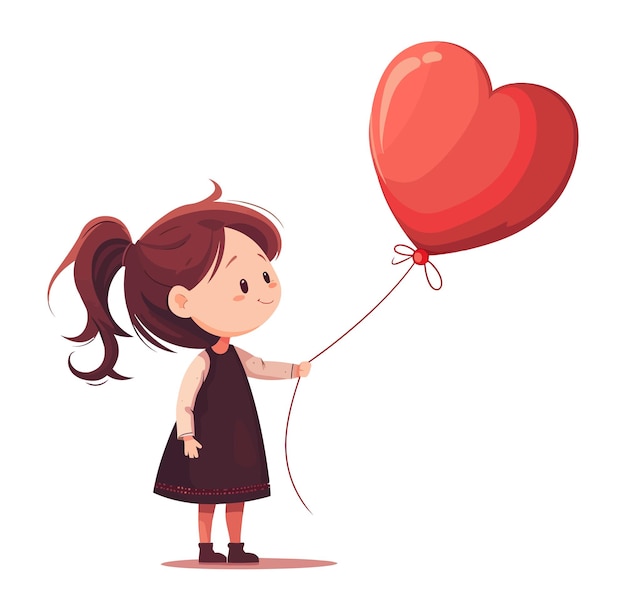 Photo a little girl holding a large red heartshaped balloon smiling happily flat vector illustration