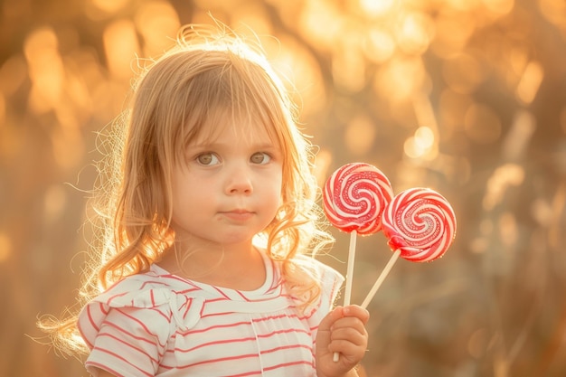 Photo little girl holding lollipops in golden sunlight