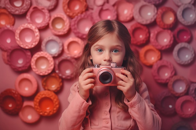 Little girl holding a pink camera Kid with photographic device on pinky wall background Generate ai