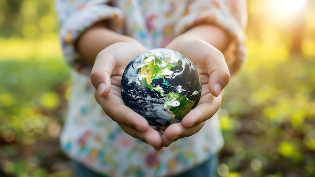 Photo little girl holding the planet earth in her hands the concept of saving the planet and protecting the environment