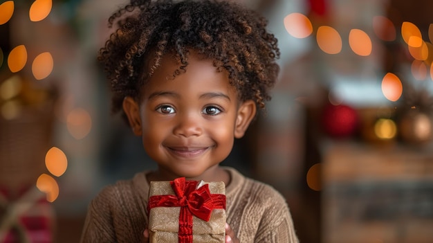 Little Girl Holding Red Bow Present Box