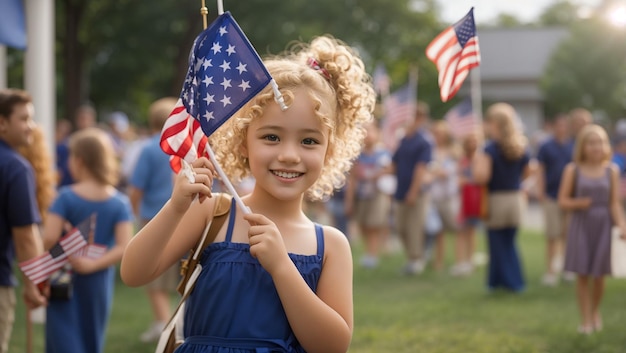 a little girl holding a small american flag and a flag