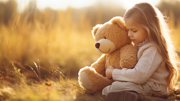 Little Girl Holding Teddy Bear in Field