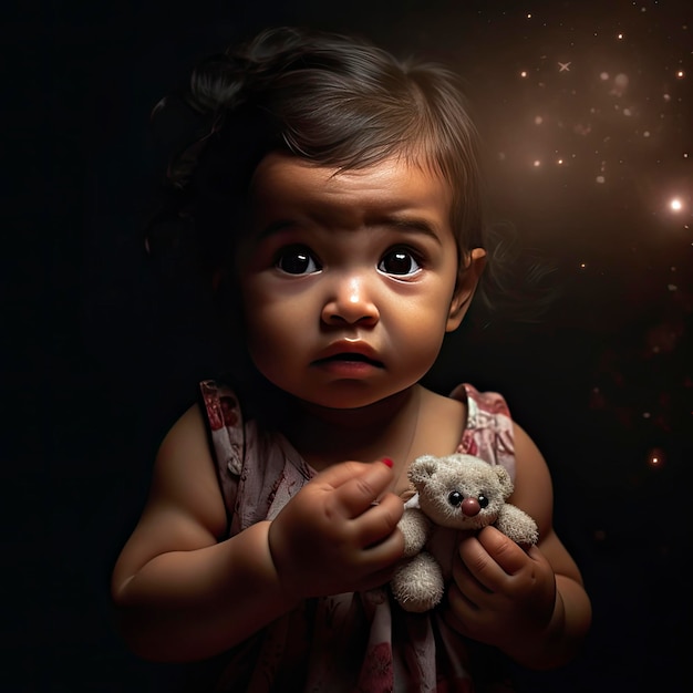 A little girl holding a teddy bear in front of a black background.