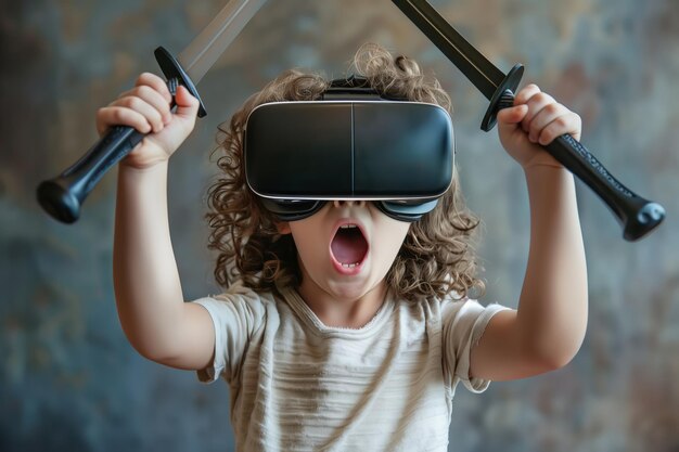 Photo little girl holding two swords in virtual reality