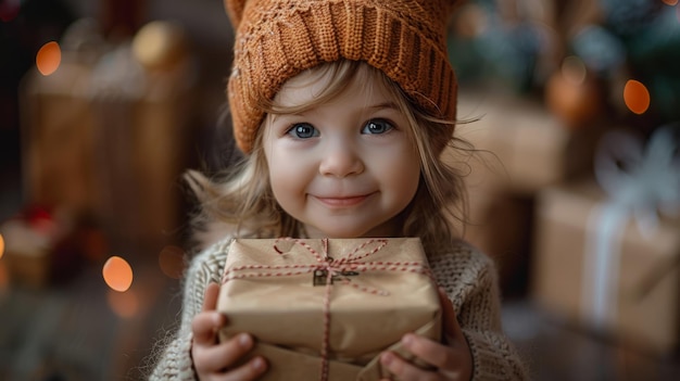 Little Girl Holding Wrapped Present by Christmas Tree