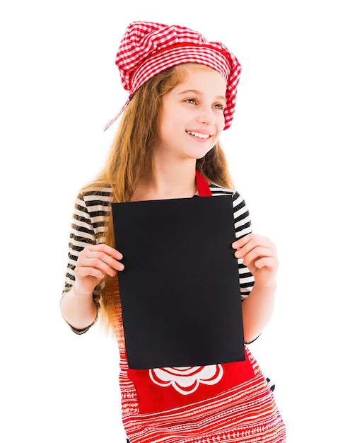 Little girl holds blank sheet of paper