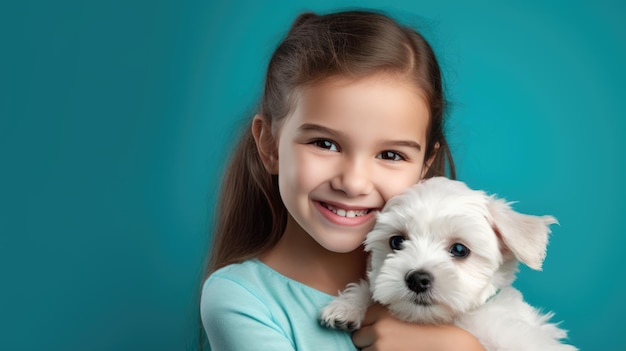 Little girl holds a dog puppy in his arms on blue background