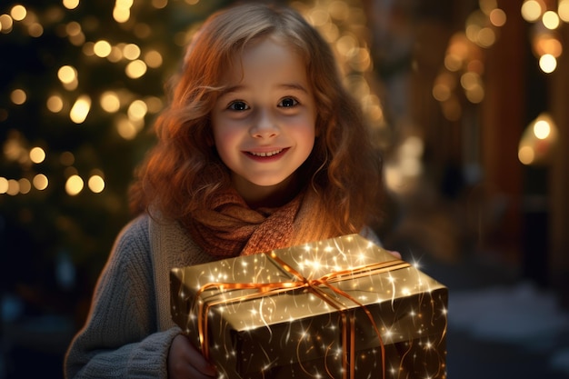 Little girl holds a glittering Christmas gift box Winter holiday mood Xmas lights