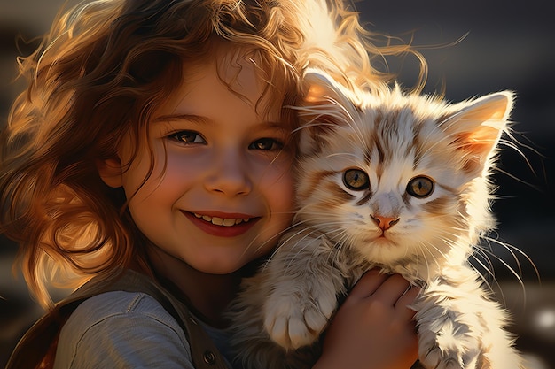 A little girl holds a kitten and hugs it Cute girl with cat pet kitten