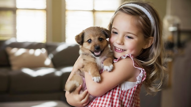 Little girl holds a puppy on her arms