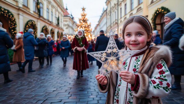 Photo a little girl holds a star that says  the christmas season