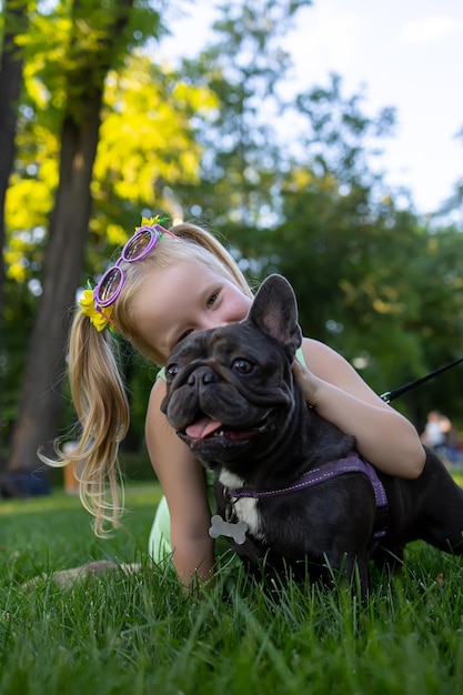 A little girl hugged a french bulldog from behind and rested her head on him