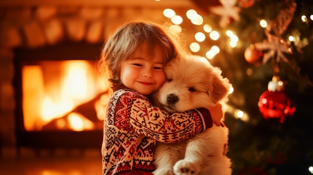 a little girl hugging a dog in front of a fireplace