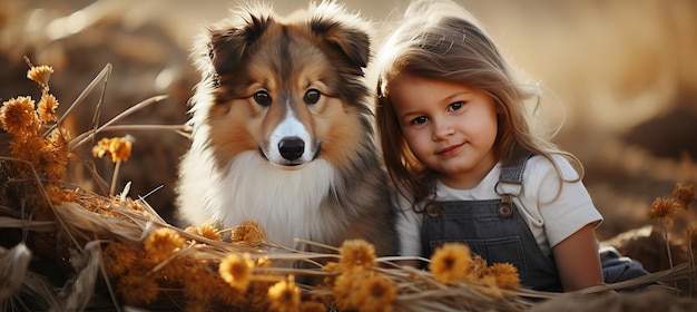 Little girl hugging dog in picturesque nature on summer day Friendship care happiness with pet