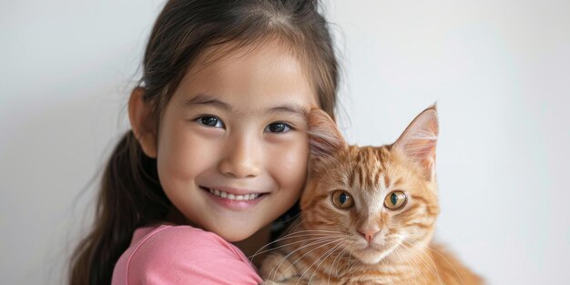 Little girl hugging an orange cat