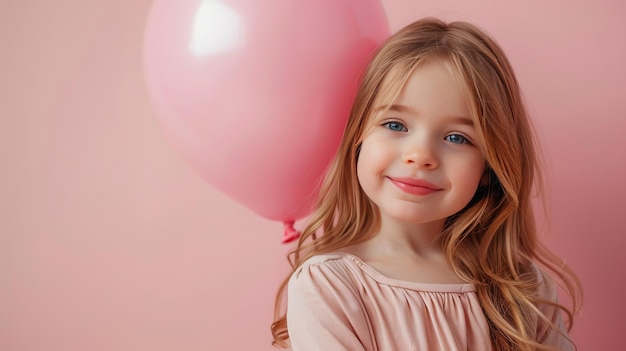 Little girl hugging pink balloon on pastel pink background