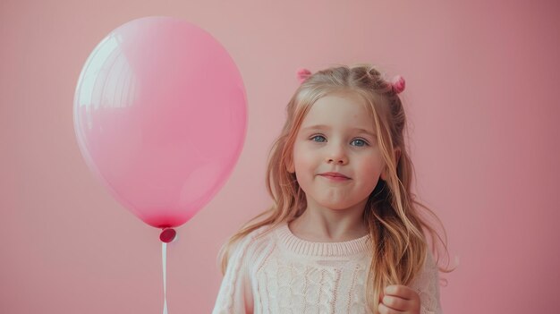 Little girl hugging pink balloon on pastel pink background