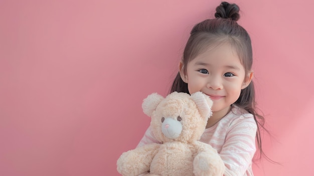 Little girl hugging stuffed toy on pastel pink background