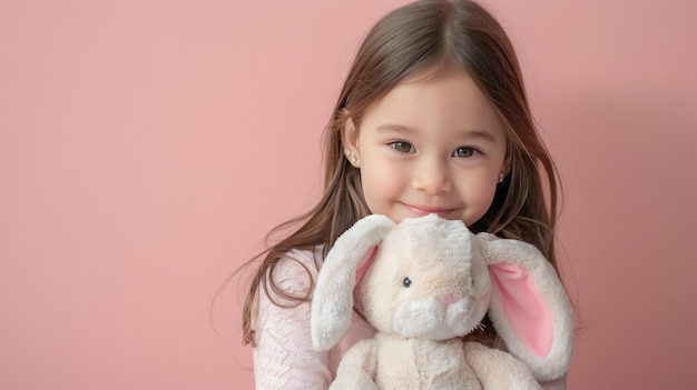 Little girl hugging stuffed toy on pastel pink background