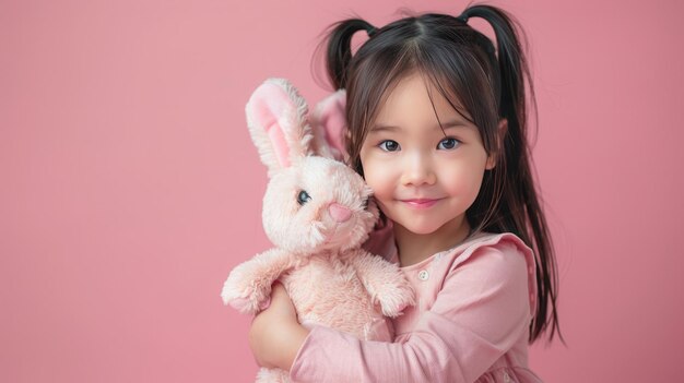 Little girl hugging stuffed toy on pastel pink background