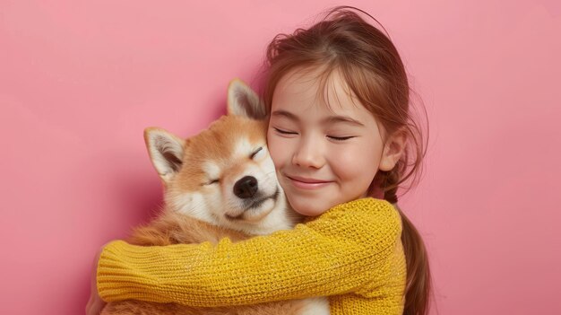 Little girl hugging your akita inu dog on pastel pink background