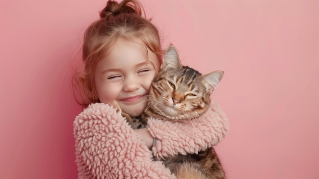 Little girl hugging your little cat on pastel pink background