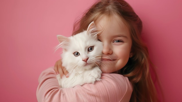 Little girl hugging your little cat on pastel pink background