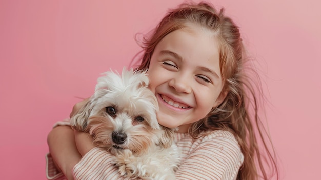 Little girl hugging your little dog on pastel pink background