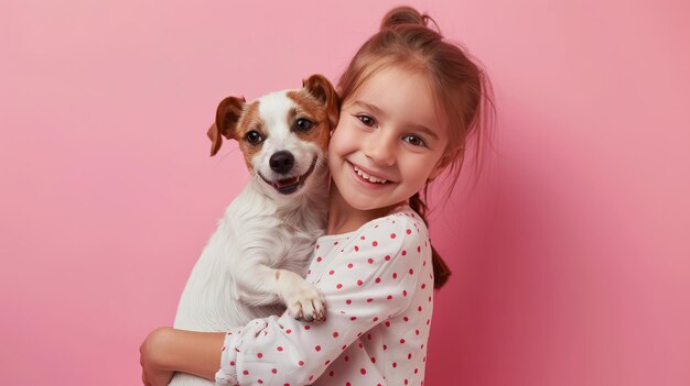 Little girl hugging your little dog on pastel pink background