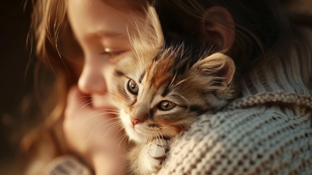 A little girl hugs a kitten Friendship with pets