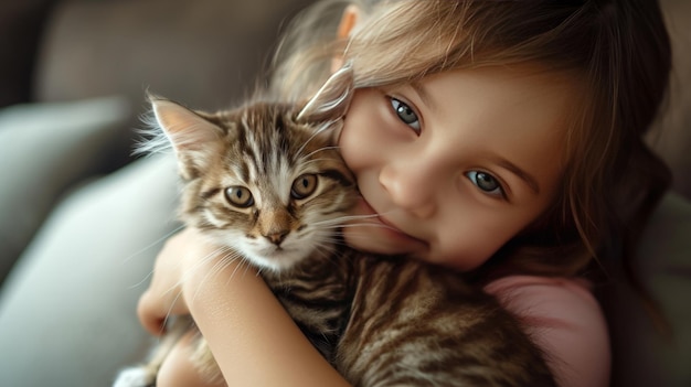 A little girl hugs a kitten Friendship with pets