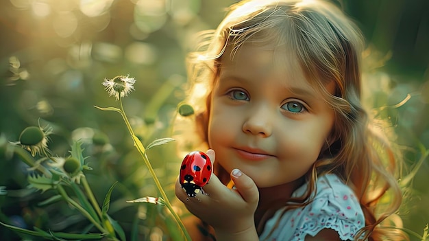 little girl and insect ladybug Selective focus