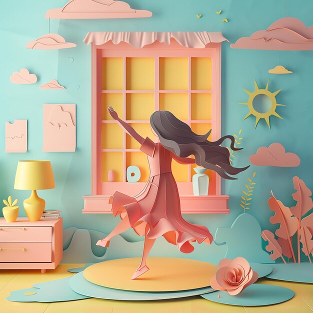 Photo a little girl is dancing in her room in paper cut style