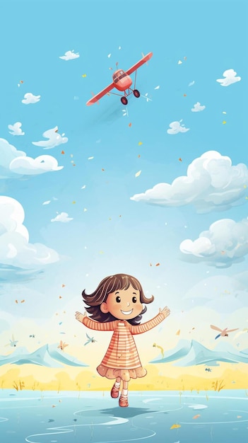 a little girl is flying in a sky with a plane flying above her