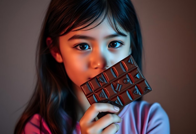 Photo a little girl is holding a chocolate bar with the word quot the quot h quot on it