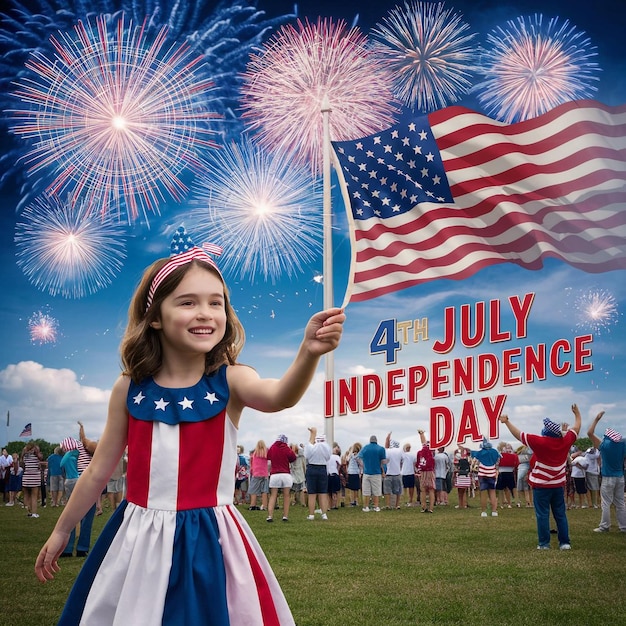 a little girl is holding a flag and a flag that says independence day