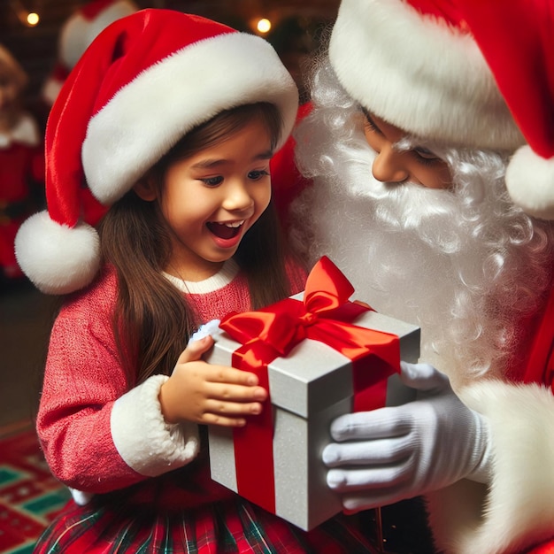 a little girl is holding a gift with a santa claus