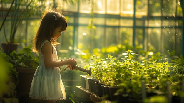 a little girl is holding a pot with a plant in it