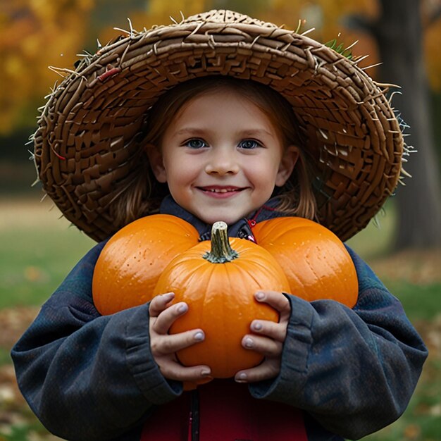 Photo a little girl is holding a pumpkin that has a hat on it