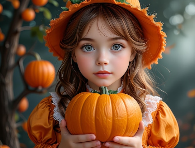 a little girl is holding a pumpkin that has a pumpkin on it