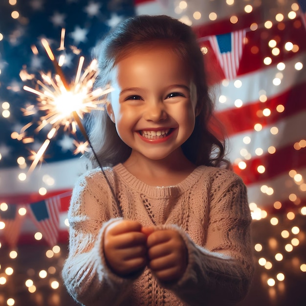 a little girl is holding a sparkler and smiling