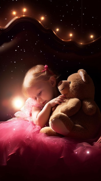 A little girl is hugging a teddy bear and the words " the word " on it "