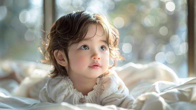 a little girl is laying on a bed with a blanket