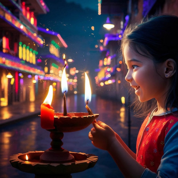 a little girl is lighting a candle in the street