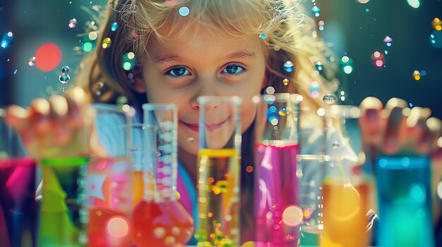 Photo a little girl is looking through a bunch of tubes of liquid